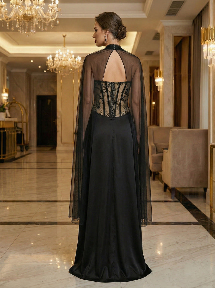 Strapless maxi lace dress with satin design - GALINA