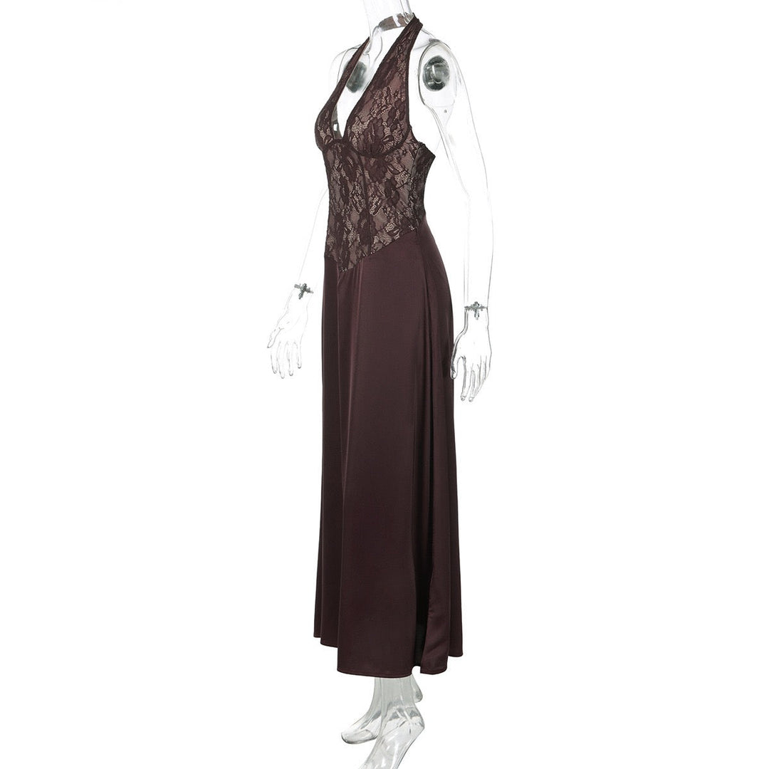 Lace-trimmed satin maxi dress with open back closure - MARIN
