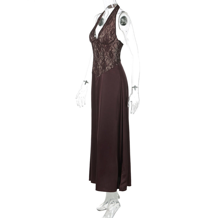 Lace-trimmed satin maxi dress with open back closure - MARIN