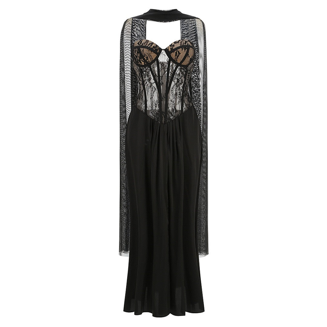 Strapless maxi lace dress with satin design - GALINA