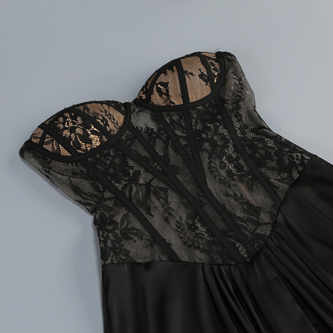 Strapless maxi lace dress with satin design - GALINA