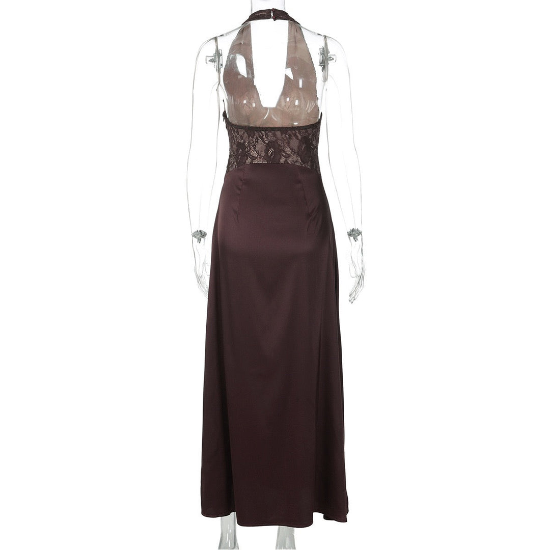 Lace-trimmed satin maxi dress with open back closure - MARIN