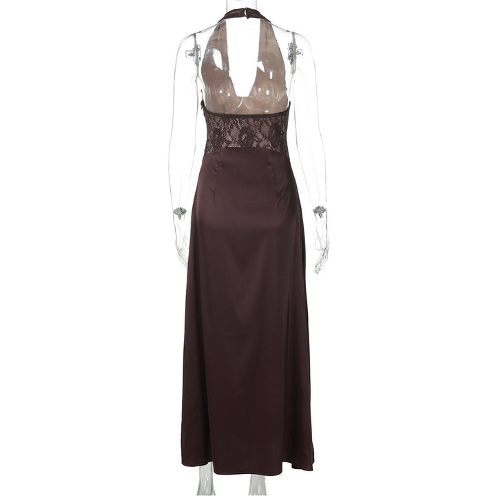 Lace-trimmed satin maxi dress with open back closure - MARIN