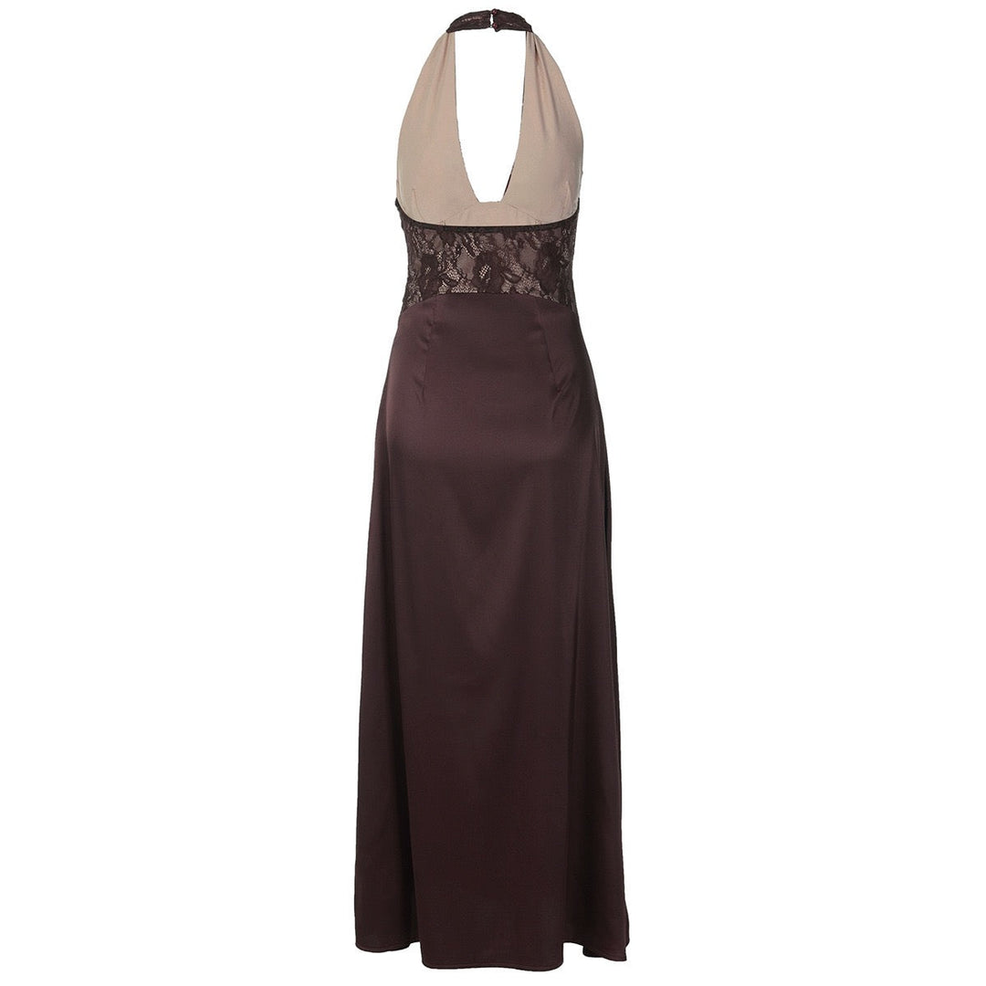 Lace-trimmed satin maxi dress with open back closure - MARIN