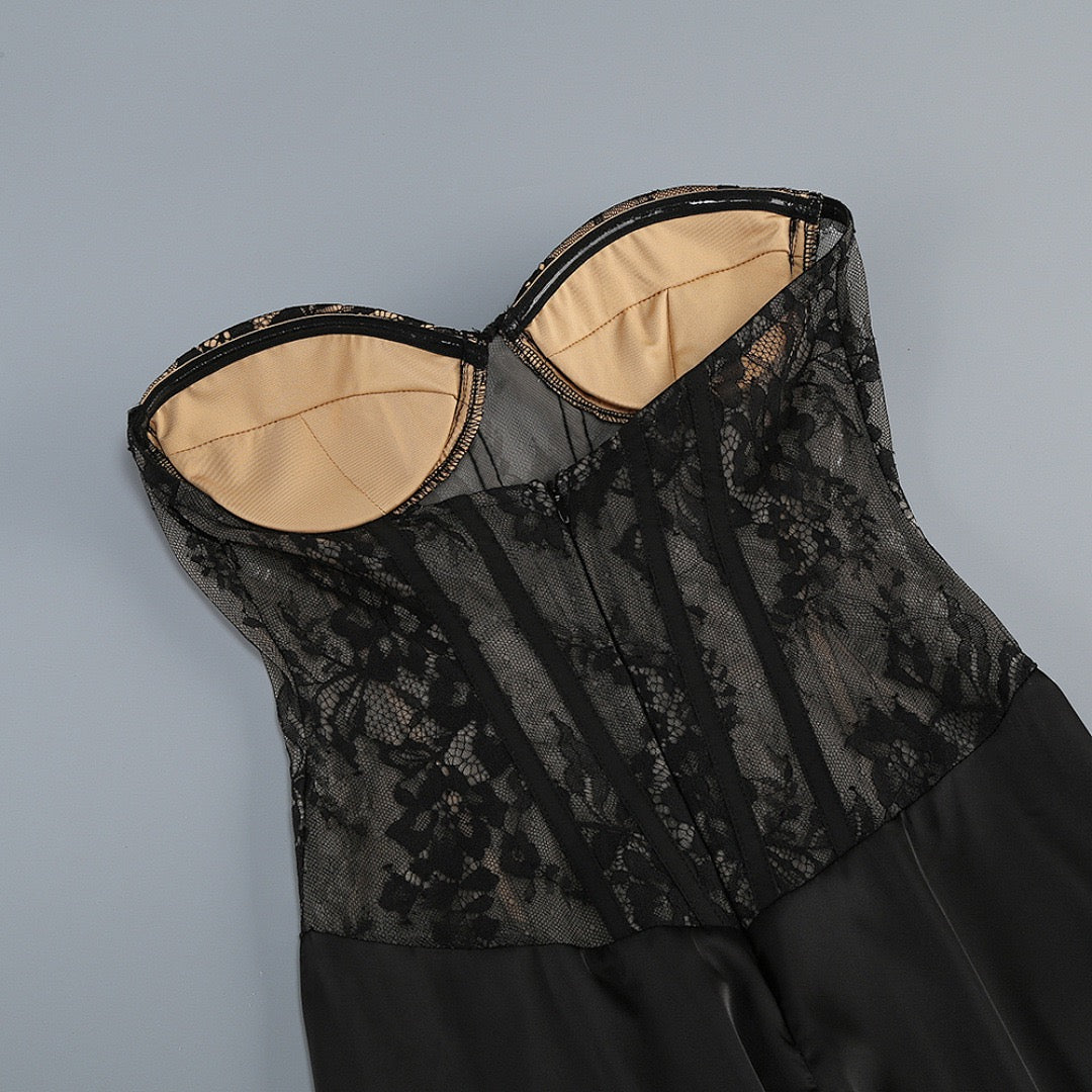 Strapless maxi lace dress with satin design - GALINA