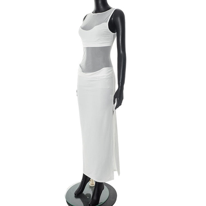 Albina pleated and mesh maxi dress