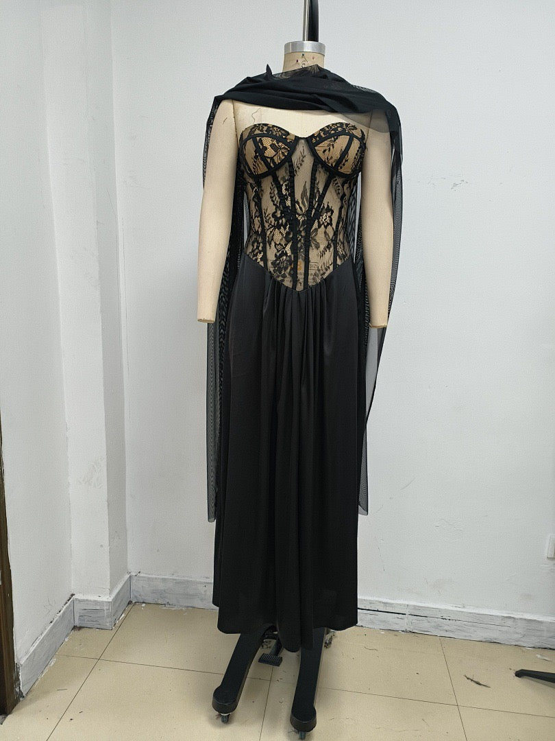 Strapless maxi lace dress with satin design - GALINA