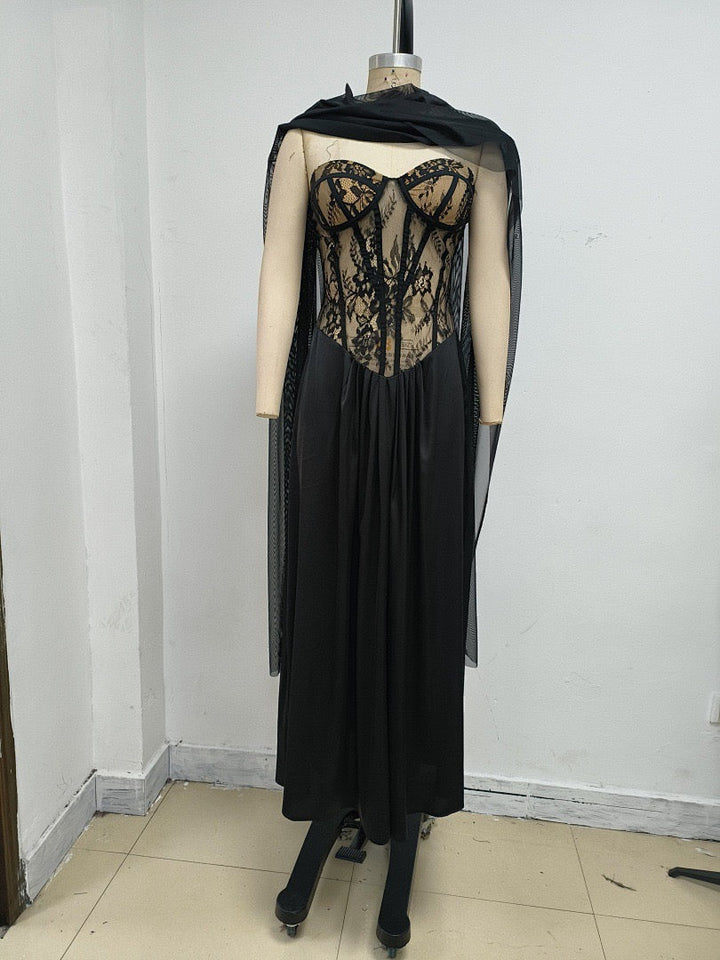 Strapless maxi lace dress with satin design - GALINA