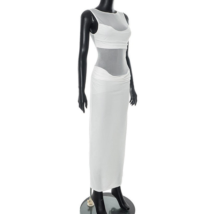 Albina pleated and mesh maxi dress