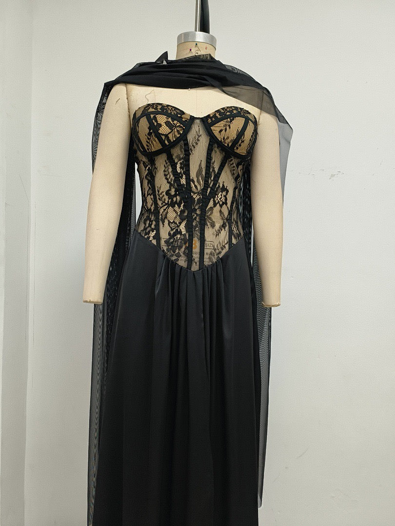 Strapless maxi lace dress with satin design - GALINA