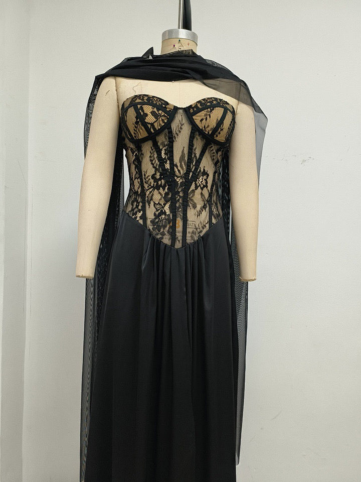 Strapless maxi lace dress with satin design - GALINA