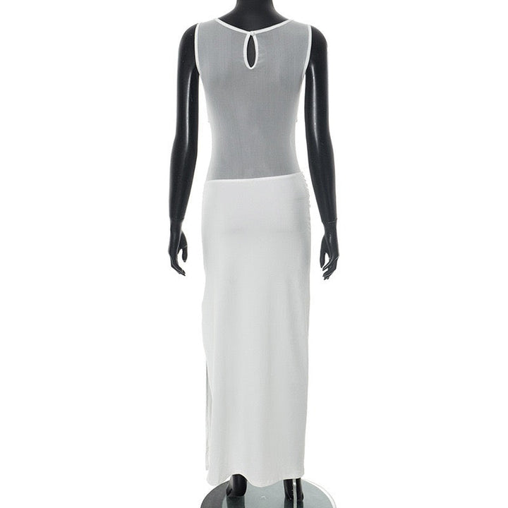 Albina pleated and mesh maxi dress