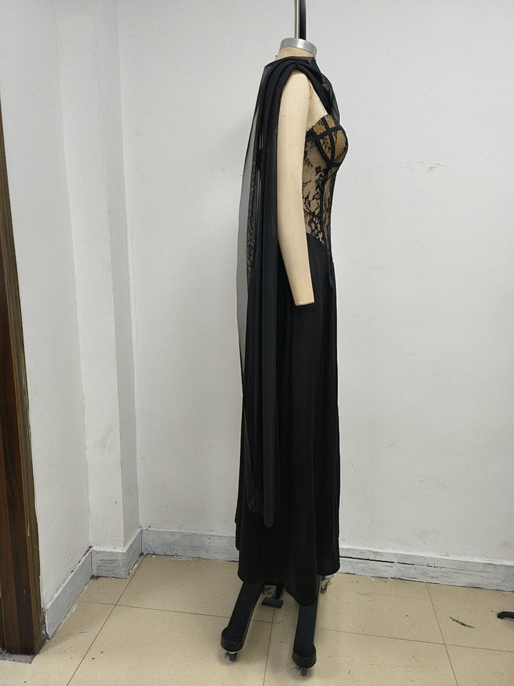 Strapless maxi lace dress with satin design - GALINA