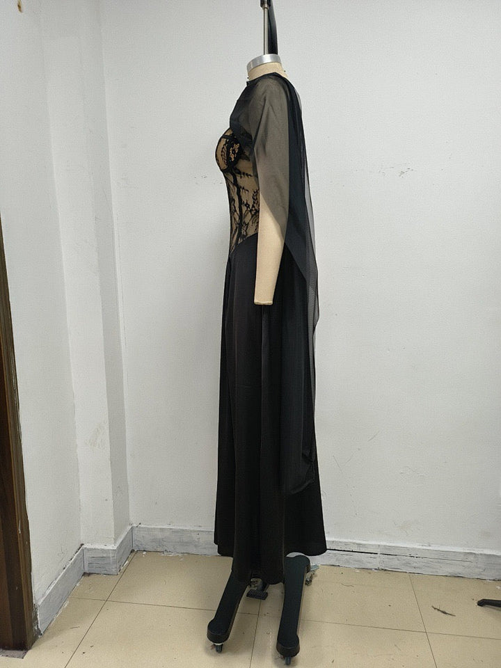 Strapless maxi lace dress with satin design - GALINA