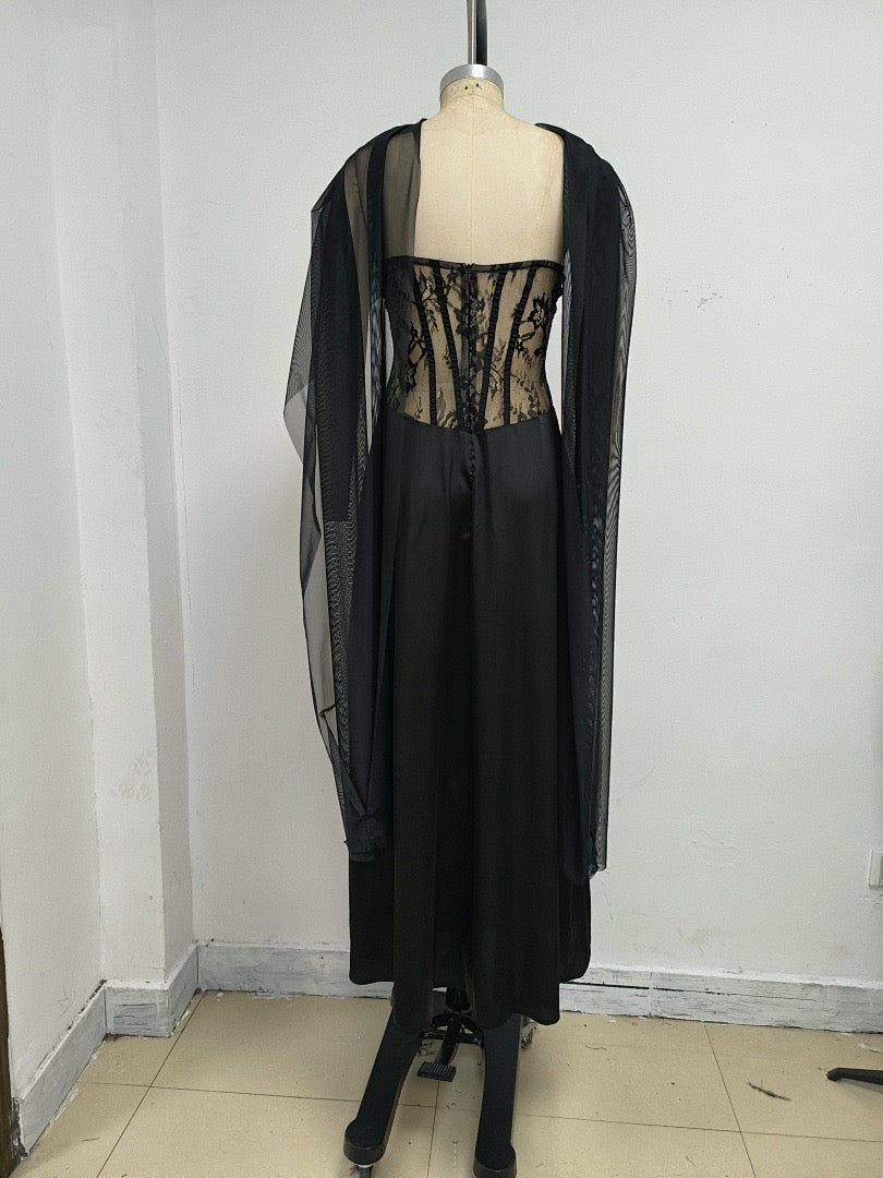 Strapless maxi lace dress with satin design - GALINA
