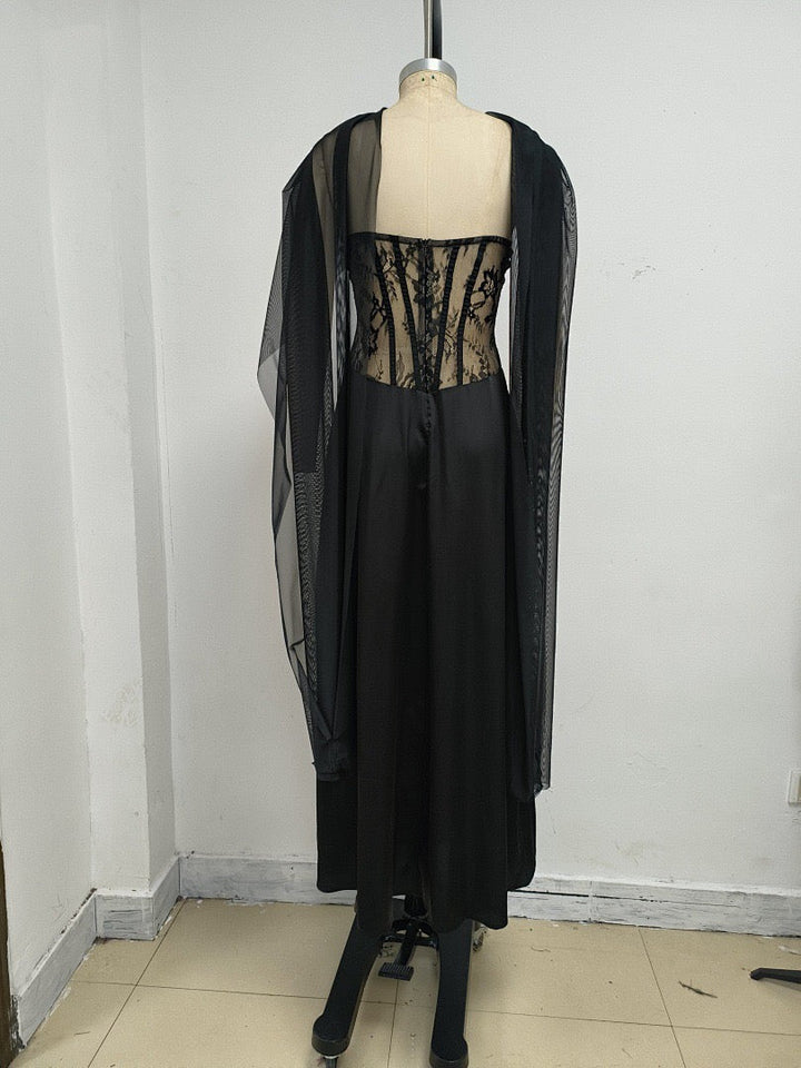 Strapless maxi lace dress with satin design - GALINA