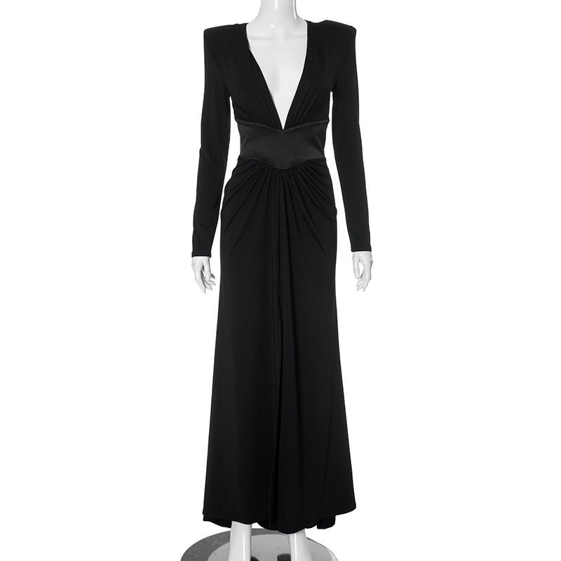 Maxi dress with satin trim in a slit design and V-neckline - TOMA