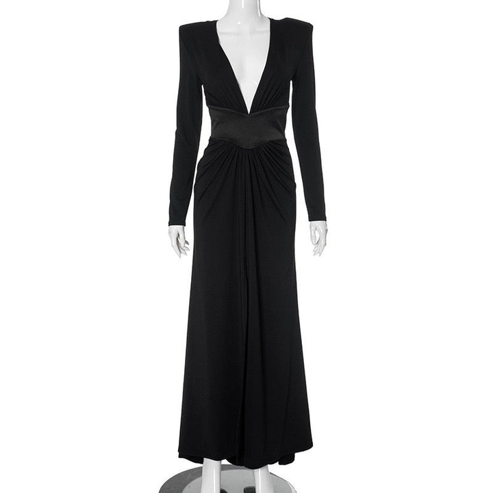 Maxi dress with satin trim in a slit design and V-neckline - TOMA