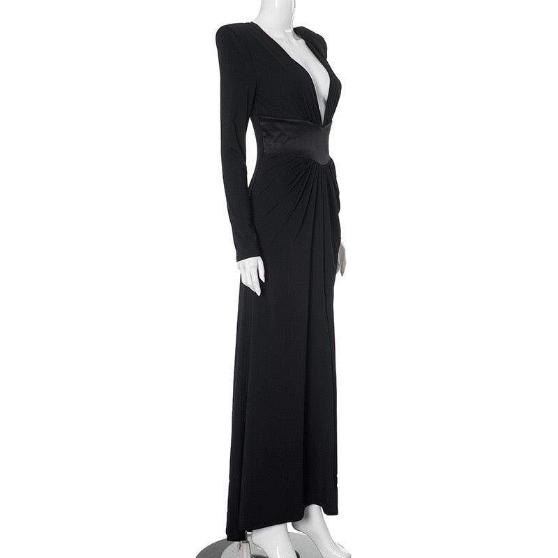 Maxi dress with satin trim in a slit design and V-neckline - TOMA