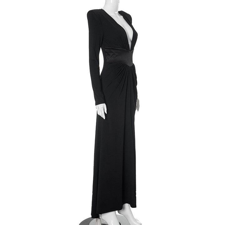 Maxi dress with satin trim in a slit design and V-neckline - TOMA