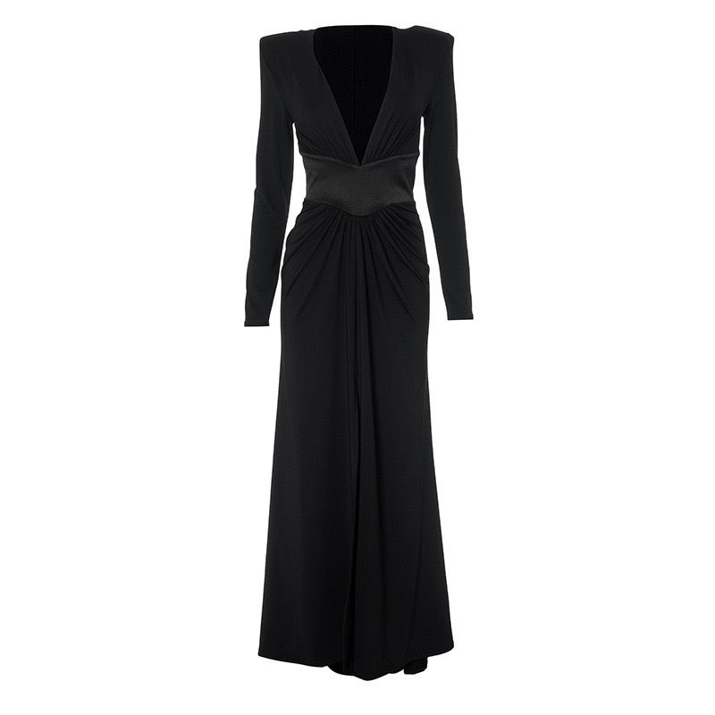 Maxi dress with satin trim in a slit design and V-neckline - TOMA