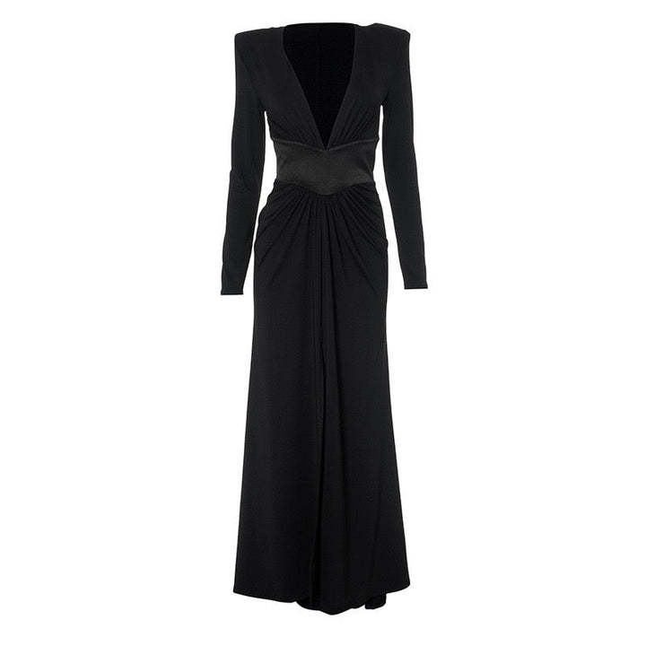 Maxi dress with satin trim in a slit design and V-neckline - TOMA