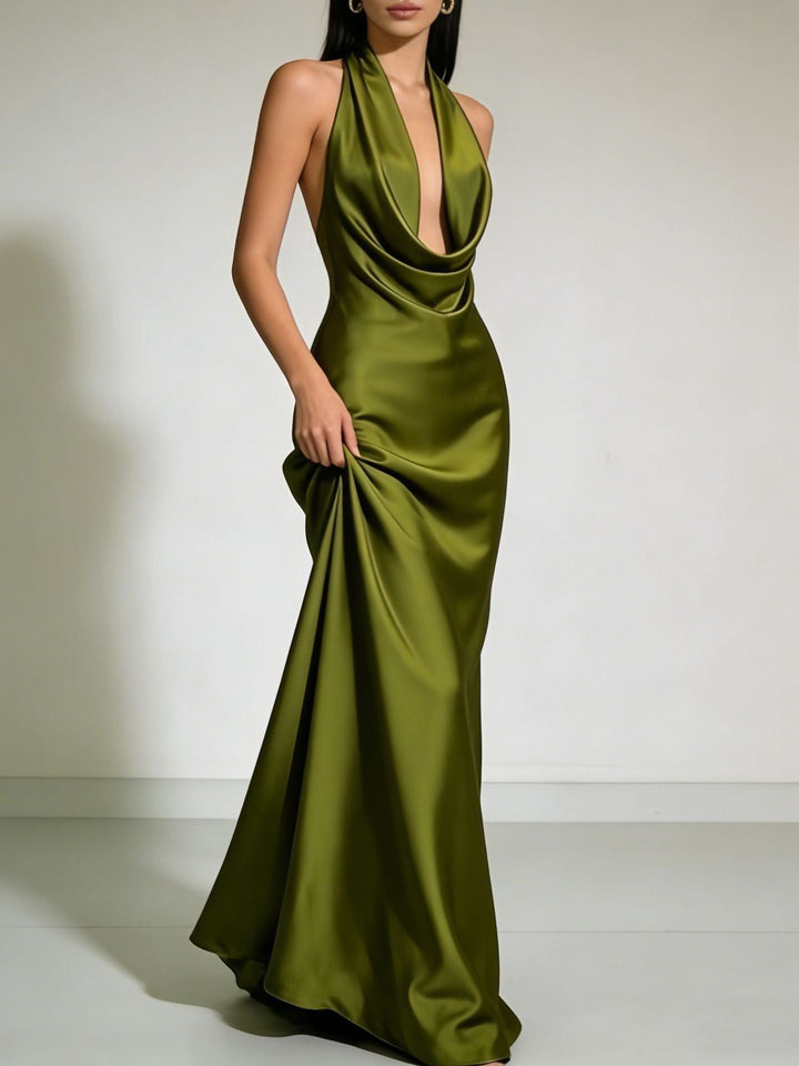 Gail satin maxi dress with a neck tie and open back