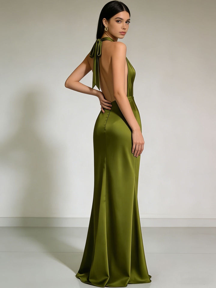 Gail satin maxi dress with a neck tie and open back