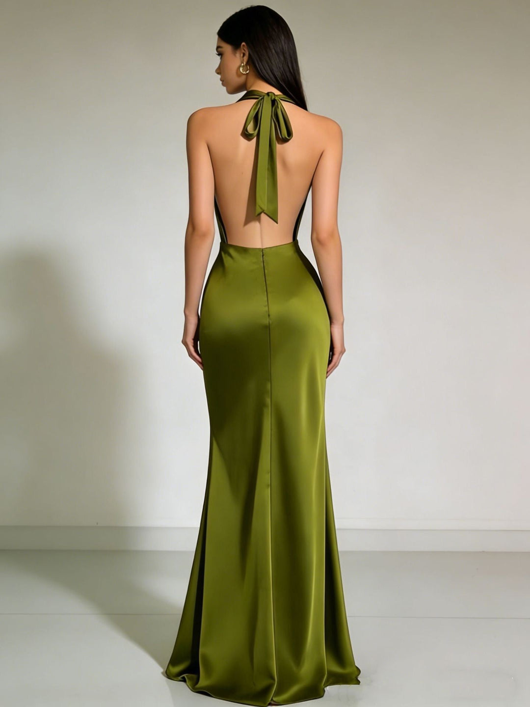 Gail satin maxi dress with a neck tie and open back