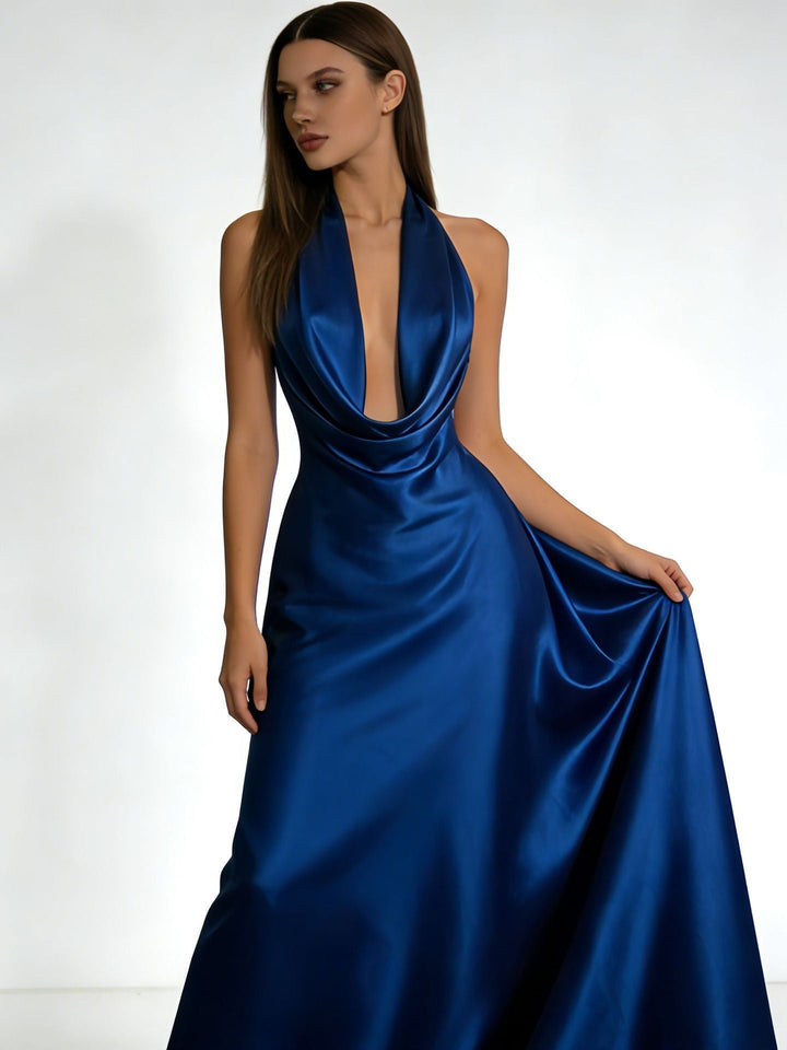 Gail satin maxi dress with a neck tie and open back