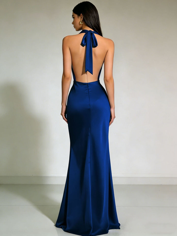 Gail satin maxi dress with a neck tie and open back