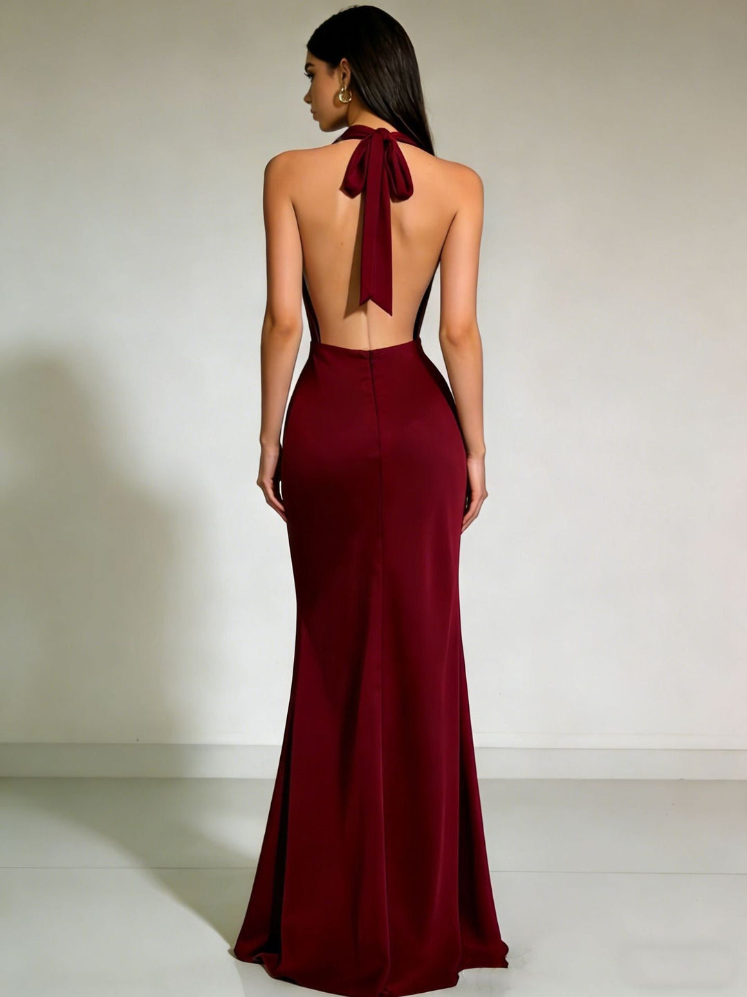 Gail satin maxi dress with a neck tie and open back