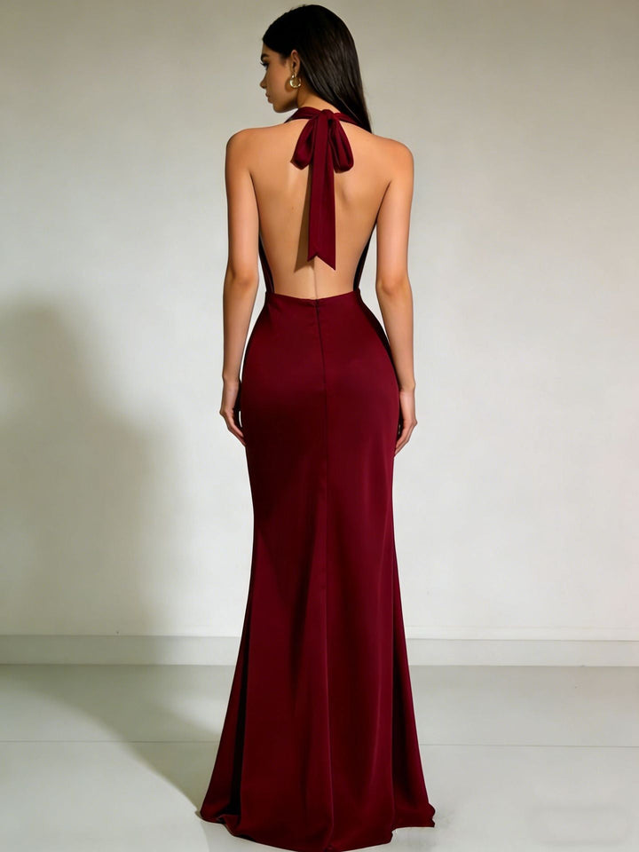 Gail satin maxi dress with a neck tie and open back