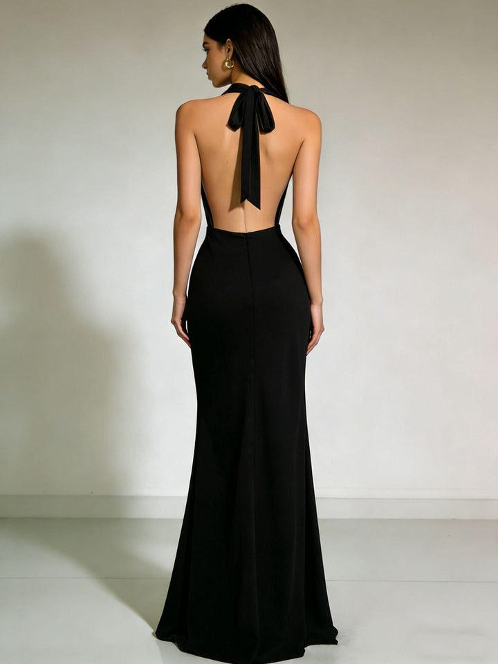 Gail satin maxi dress with a neck tie and open back