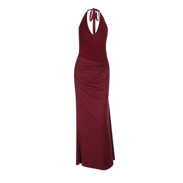 Maxi dress with sequin design, tie at the back of the neck, open back - Orlin