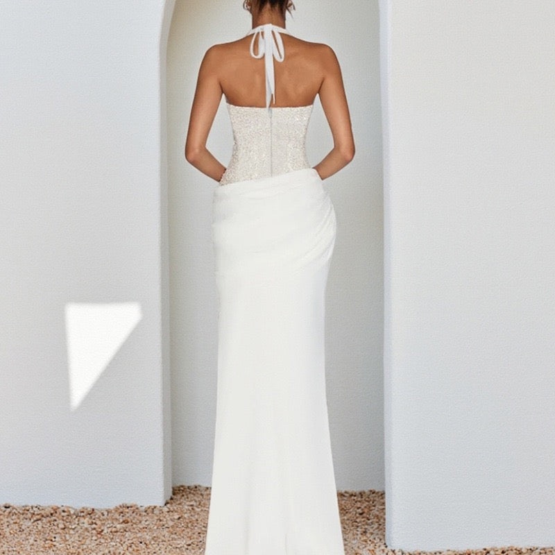 Maxi dress with sequin design, tie at the back of the neck, open back - Orlin