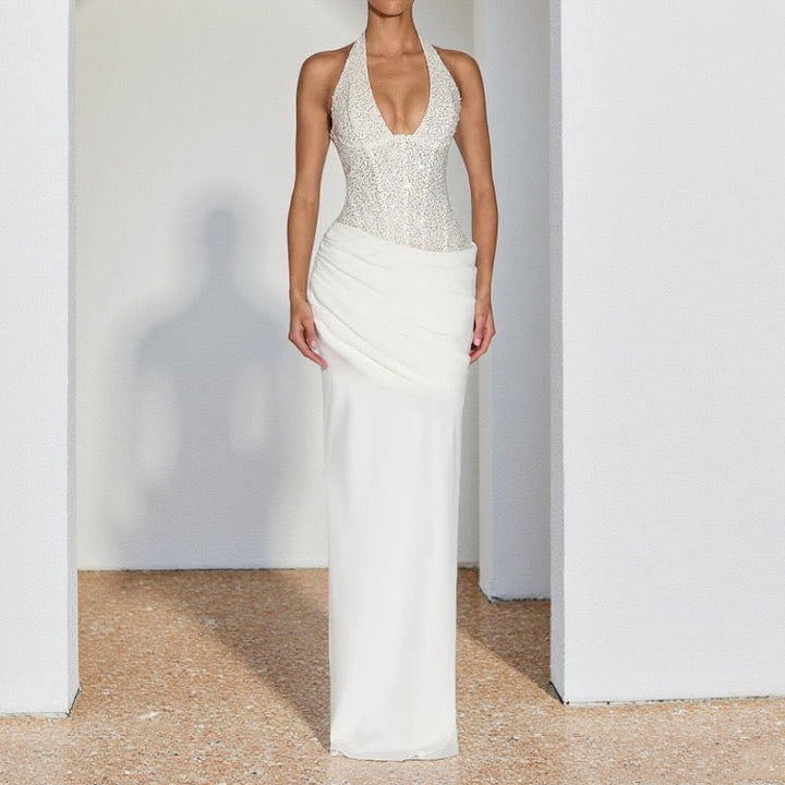 Maxi dress with sequin design, tie at the back of the neck, open back - Orlin