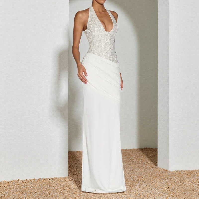 Maxi dress with sequin design, tie at the back of the neck, open back - Orlin