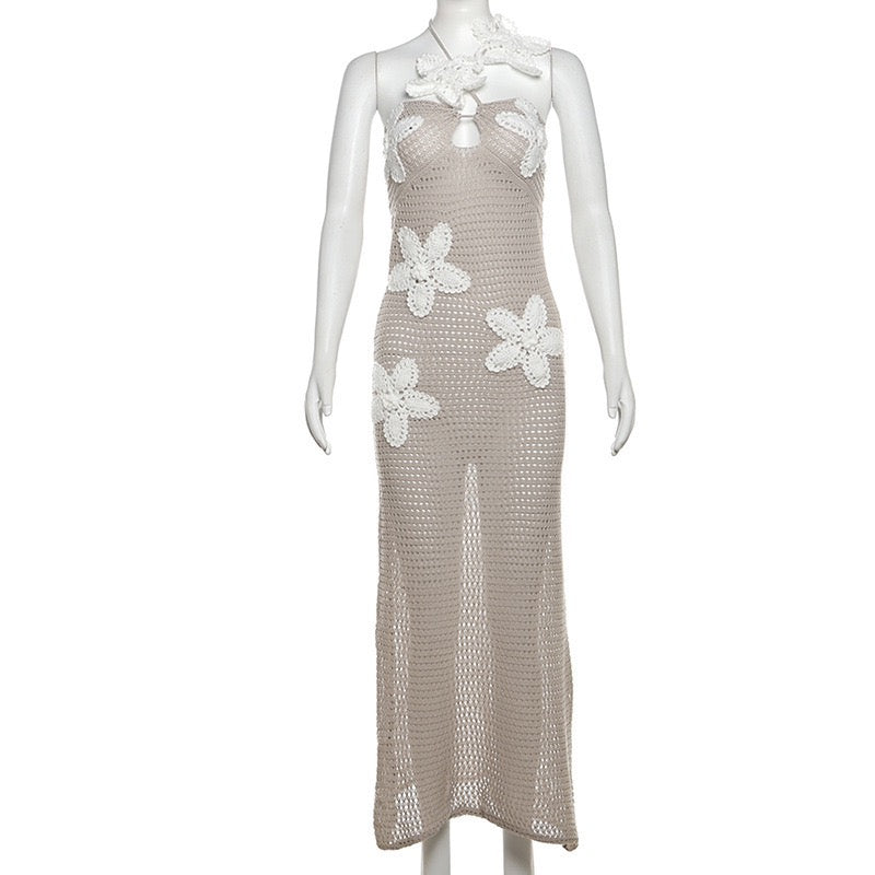 Natalia knitted beach maxi dress with a floral design and open back