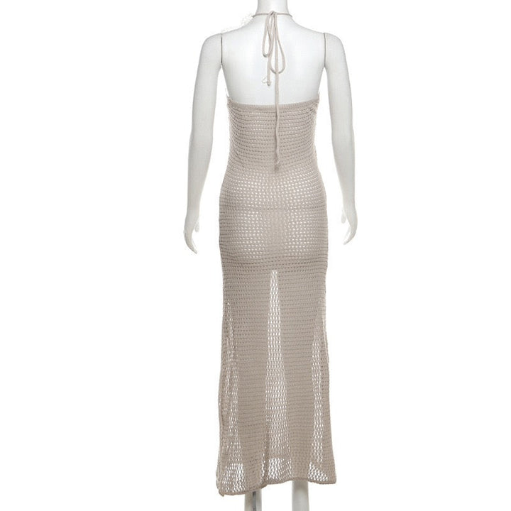 Natalia knitted beach maxi dress with a floral design and open back