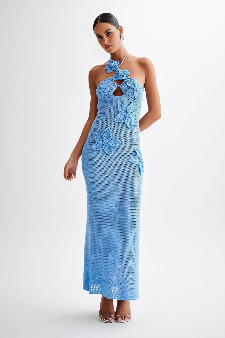 Natalia knitted beach maxi dress with a floral design and open back