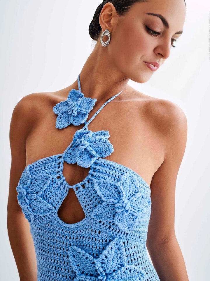 Natalia knitted beach maxi dress with a floral design and open back