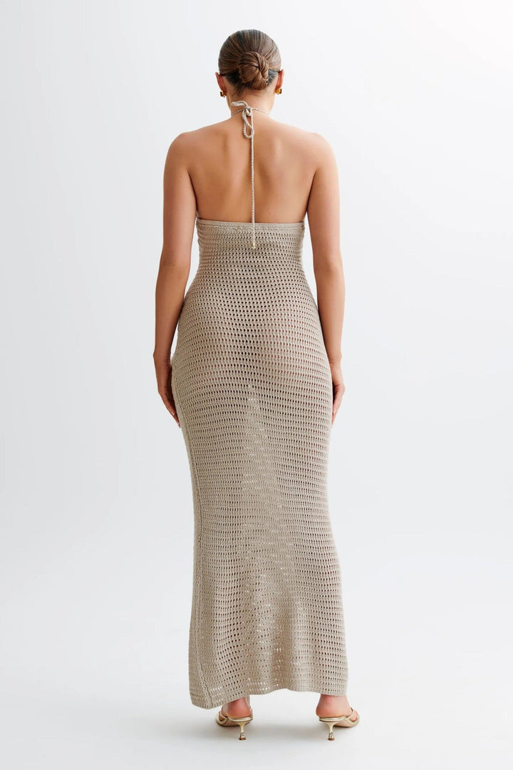 Natalia knitted beach maxi dress with a floral design and open back