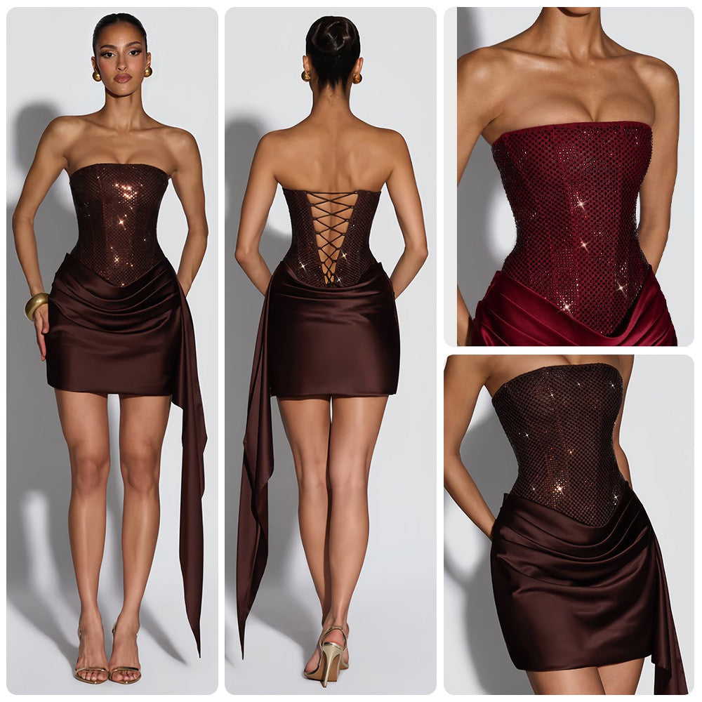 שמלת מיני סטרפלס בעיצוב זרקונים וסאטן בעיטור שובל - ERA