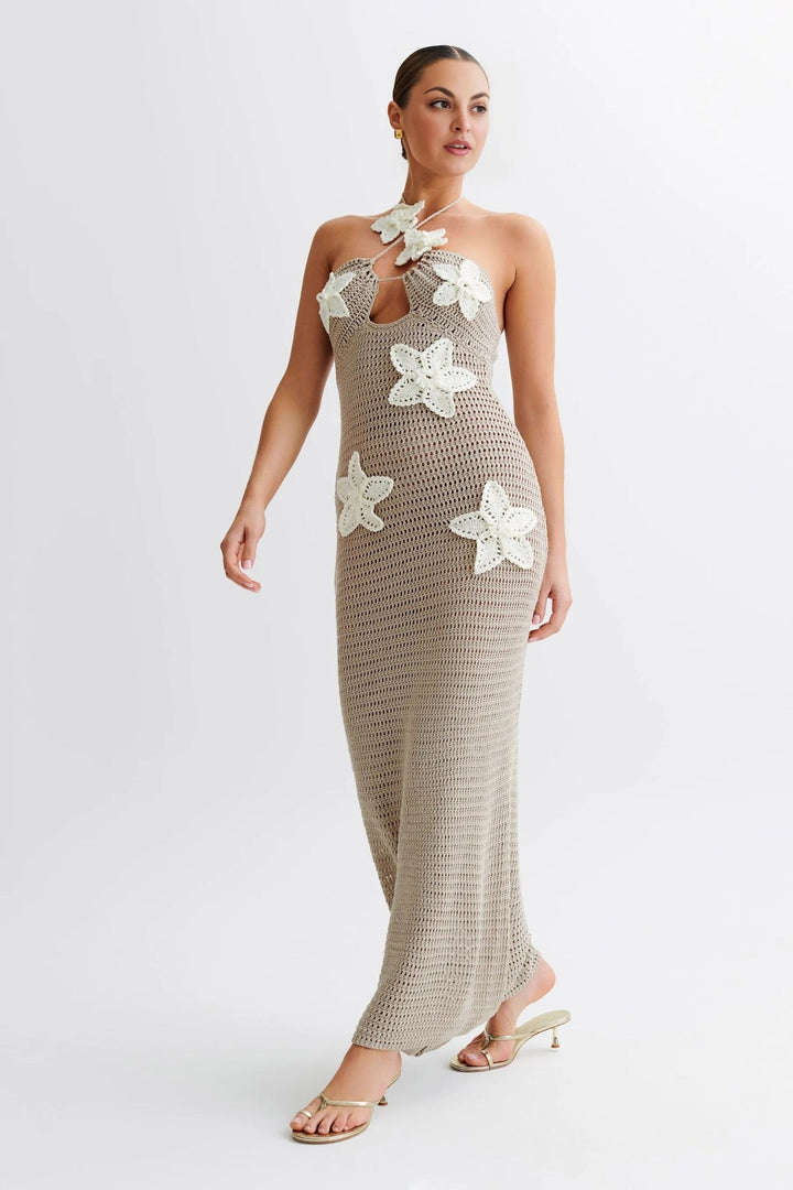 Natalia knitted beach maxi dress with a floral design and open back