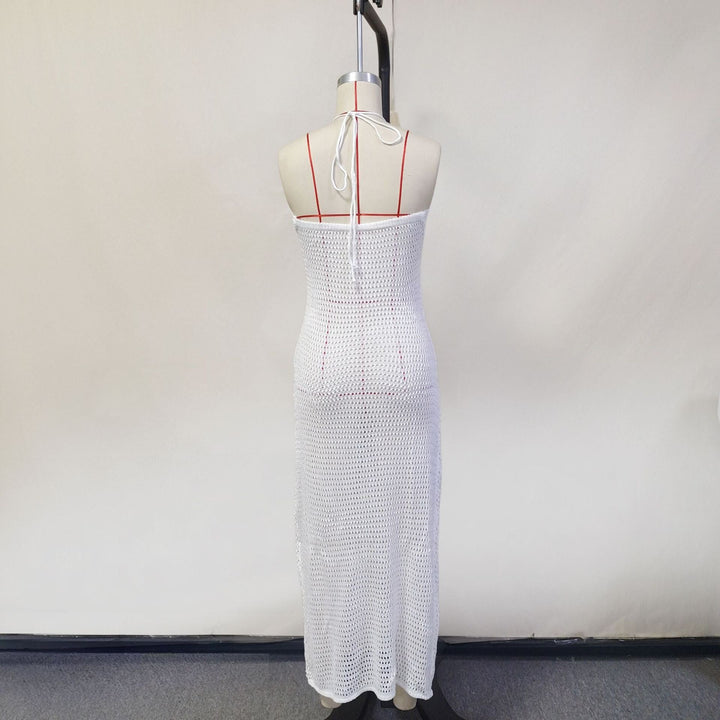 Natalia knitted beach maxi dress with a floral design and open back