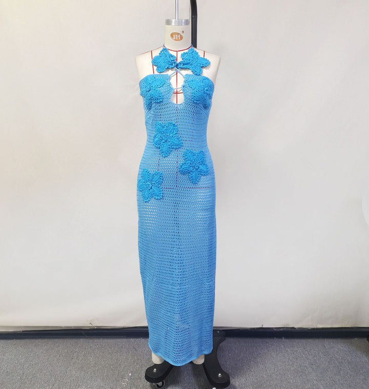 Natalia knitted beach maxi dress with a floral design and open back