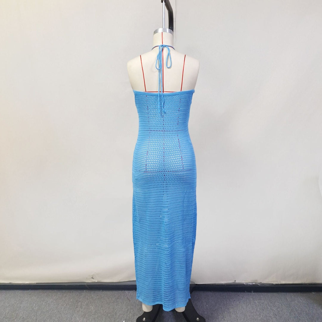 Natalia knitted beach maxi dress with a floral design and open back