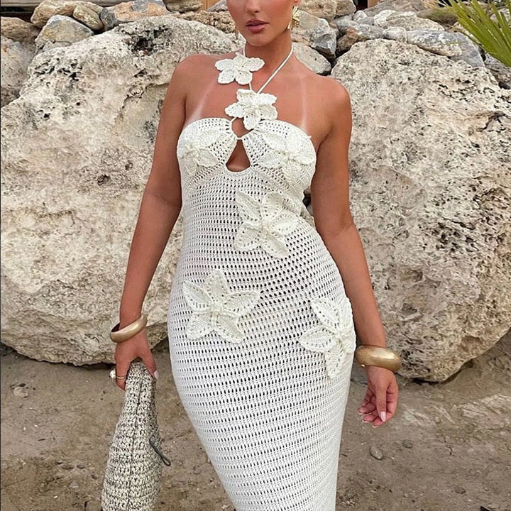 Natalia knitted beach maxi dress with a floral design and open back