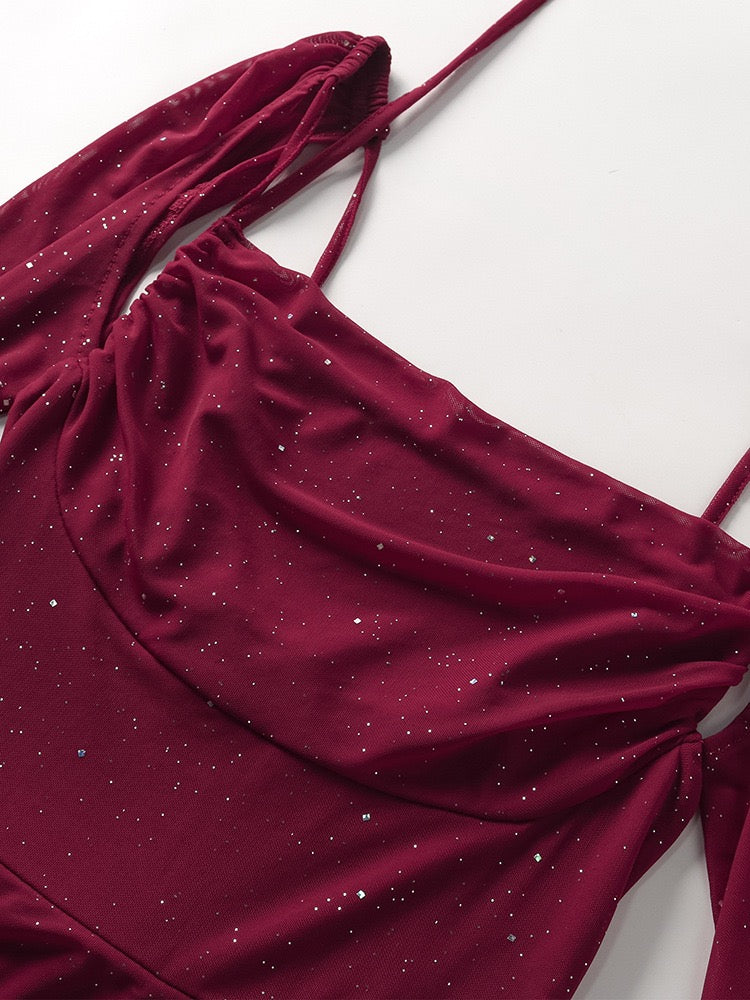 Maxi Glitter Dress with Open Back and Slit - Madame